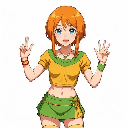 masterpiece,high quality,(white background:1.5),solo,
<lora:elpeople008:0.5>,smile,open mouth,
elpeople,1loli,
short hair,orange hair,bangs,short hair with long locks,sidelocks,hair between eyes,blue eyes,
pendant,
collarbone,shawl,crop top,yellow shirt,short sleeves,layered sleeves,alternate costume,thighhighs,midriff,navel,wristband,
green layered miniskirt,