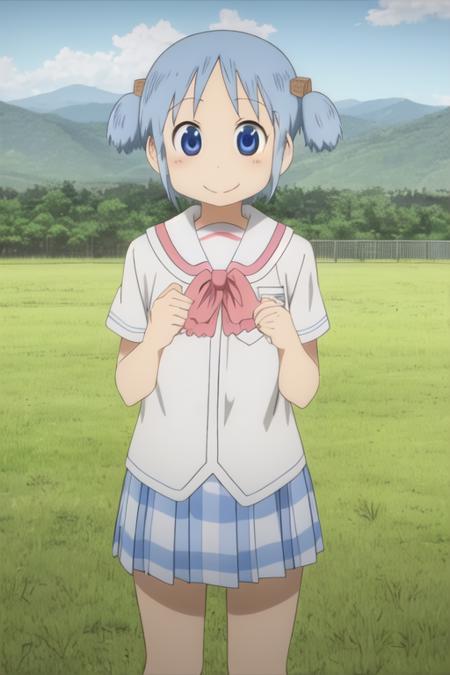 ncjstyle, anime screencap, masterpiece, outdoors, field, grass, mountains, nature, smile, cowboy shot, 1girl, solo, looking at viewer,,
 naganohara mio, blue hair, short twintails, cube hair ornament, blue eyes, tokisadame school uniform, serafuku, pleated skirt