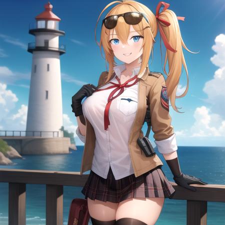 ((masterpiece)),(best quality),official art,extremely detailed CG,unity 8k wallpaper,ultra detailed,A lighthouse on a cliff by the sea,1girl,solo,cowboy shot,kalina (girls frontline),ahoge,bangs,white shirt,one side ponytail,breast pocket,blonde hair,red ribbon,blue eyes,brown footwear,high heel boots,hair ribbon,large breasts,x hair ornament,gloves,pleated skirt,hair between eyes,brown jacket,long hair,looking at viewer,mismatched thighhighs,smile,striped thighhighs,plaid skirt,sunglasses on head,<lora:Kalina-V1(gf)>,