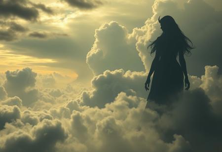 epic fantasy landscape, apocalyptic clouds in the distance, a storm is approaching, the silhouette of a giant goddess can be seen on the horizon, giantess, silhouette of a gigantic goddess in the background, barely visible, body half-hidden in the clouds, body made of clouds, thick curvy busty,