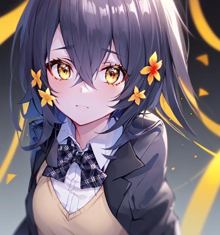 mizuno ai,1girl,masterpiece,(fantasy), Dynamic angle,extremely delicate and beautiful,(highres, realistic, best quality, masterpiece, ultra-detailed, textured, official art,), Zombie Land SAGA,textured clothing, textured skin, cinematic lighting, ultra-detailed,  ,red eyes,  jacket, bow,  school uniform, hair ornament, plaid bow, short hair, black hair,[[Small yellow flowers in the hair]], shirt,sweater_vest,yellow_vest upper body, plaid, blazer, hair flower, bowtie, hair between eyes, white shirt, flower, long sleeves,cardigan, bangs,