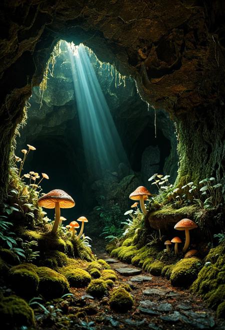 macabre style, underground cavern, dimly lit with peeks of light coming through cracks, mushrooms, lichens, moss, small plants, magical feel, cave crystals,
beautiful, painterly, textural, artistic, aesthetic, 
intricate details, highly detailed, ultra-detailed, absurdres, vivid, vibrant, volumetric lighting, 
aid291, midjourneyv6.1,