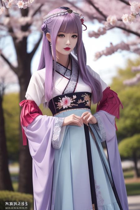 shaosiming hanfu, chinese clothes, traditional clothes, layered clothes,dress,red frilled shawl,  wide sleeves, long sleeves, sleeves past wrists, jewelry,hair stick, tiara,  gem,ribbon,  hair ornament, purple hair, very long hair, blunt bangs, hair rings,