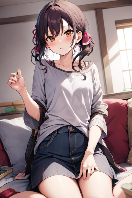 asakuramami, hair ribbon, casual, sitting, living room