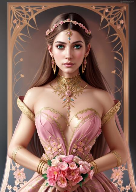 beautiful highly detailed image, beyond realistic image, 32k Resolution, of the most beautiful women in the world, wearing the most beautiful dress, symmetrical beautiful highly detailed face, beautiful highly detailed hands, highly detailed dress, ultra realistic, beautiful highly detailed green eyes, perfect lips,, (symmetry:1.1) (portrait of floral:1.05) a woman as a beautiful goddess, (assassins creed style:0.8), pink and gold and opal color scheme, beautiful intricate filegrid facepaint, intricate, elegant, highly detailed, digital painting, artstation, concept art, smooth, sharp focus, illustration, art by greg rutkowski and alphonse mucha, 8k