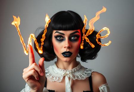 A very young drag queen girl with black makeup and pink nails, looking like she just failed something, shaking her head, drawing the letters "Woke" using flamess, in the air, with a finger, photo by helmut newton