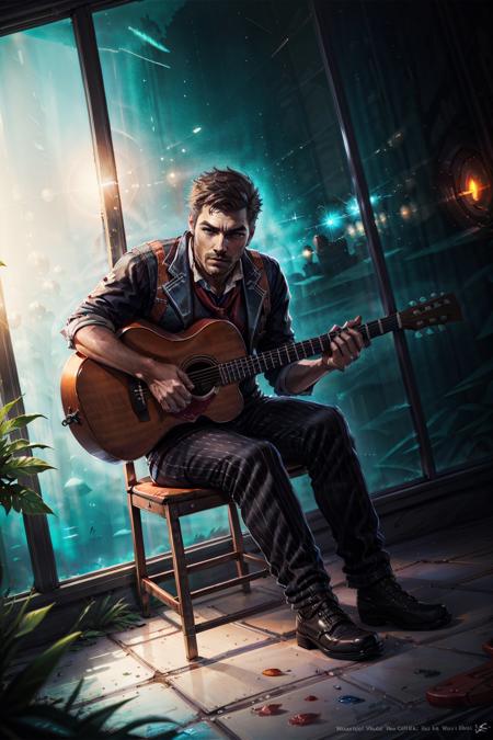 (masterpiece, best quality:1.2),   <lora:booker_dewitt-18:0.7>, bookerBS_soul3142, 1boy, sitting, guitar, boots, facial hair, glass wall, underwater, realistic