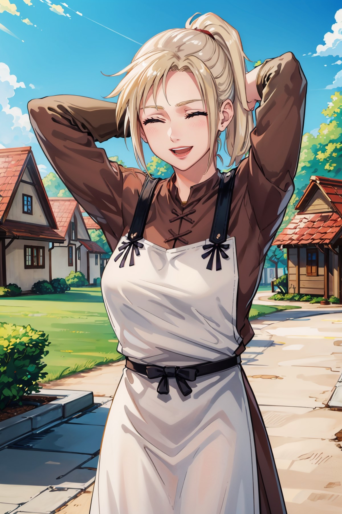 masterpiece, best quality, 1girl, solo <lora:ff7claudia-nvwls-v1-000009:0.9> ff7Claudia, ponytail, brown dress, apron, lon...