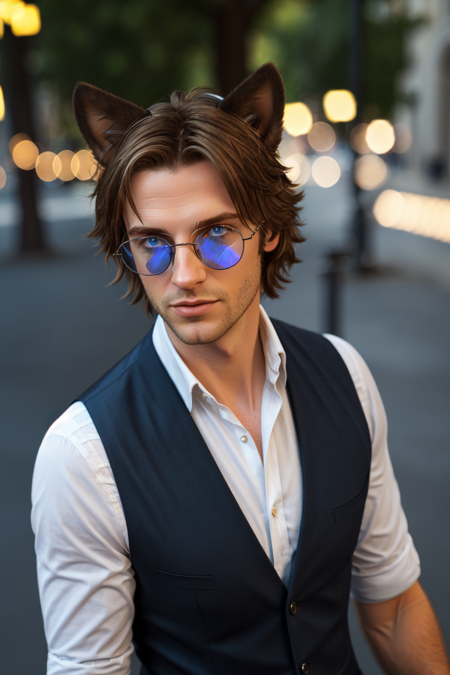 Simon Petrikov, RAW, ((light bokeh)), elegant, sharp focus, photo by greg rutkowski, soft lighting, vibrant colors, (masterpiece), ((streets)), (detailed face:1.2), (glowing blue eyes:1.1), 1boy, male focus, solo, brown hair, shirt, blue eyes, glasses, vest, sunglasses, sleeves rolled up, animal ears, cat ears, animal ear fluff, full body, looking over eyewear, <lora:SimonPetrikov-000009:0.4>