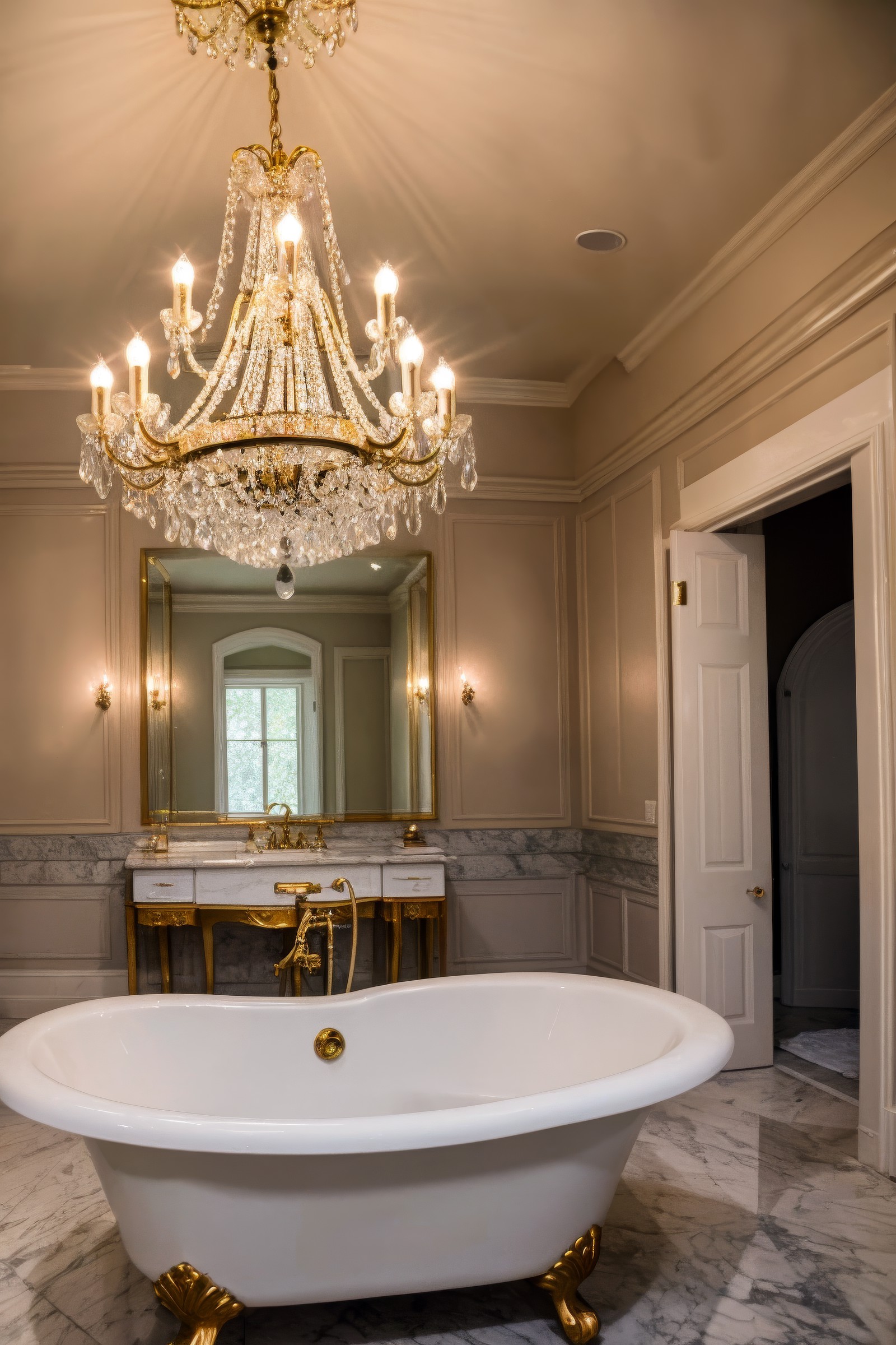 High detail RAW color photo professional photograph of a a glamorous bathroom with a chandelier and a freestanding tub, (r...