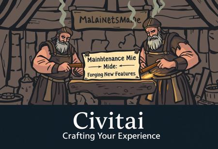 "A medieval blacksmith with servers on the anvil, hammering away with a ‘Maintenance Mode: Forging New Features’ sign. Text: ‘Civitai: Crafting Your Experience’."