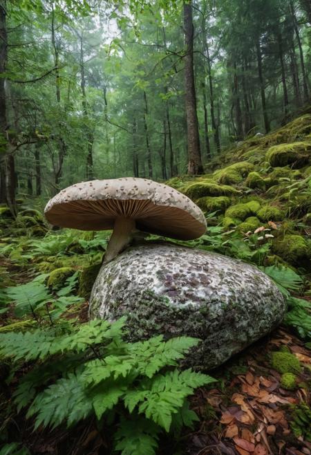epic view very realistic photography, wide angle, a big rock in the foreground, mushrooms on this big rock, rock covered in green leaves, forest background, full frame sensor sharp and realistic colors with exceptional clarity