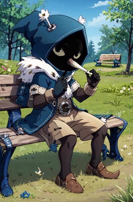 <lora:joris:0.8>, joris, 1boy, masteriece, best quality, solo, faceless, (long nose:1.2), colored sclera, black eyes, hood, jorisoutfit, fur trim, full body, thin legs, sitting, bench, park, grass, flowers