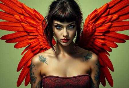 “A hauntingly beautiful fallen angel depicted as a real young woman with striking photorealism, set against a textured sepia background. She has piercing blue eyes that gaze intensely at the viewer, framed by soft burgundy hair with delicate bangs and dark, smoldering eyeshadow. Her deep crimson lips add contrast to her ethereal features, and she wears a modern crop-top for an urban, edgy look. Her skin is adorned with intricate tattoos covering her arms, neck, and shoulders, adding depth and complexity. Behind her, magnificent orange-feathered wings spread wide, each feather meticulously detailed with realistic ink work. Dramatic, directional lighting casts deep shadows, emphasizing her powerful presence. The background is a soft pastel green, adding a subtle contrast to her dark and intricate form.”