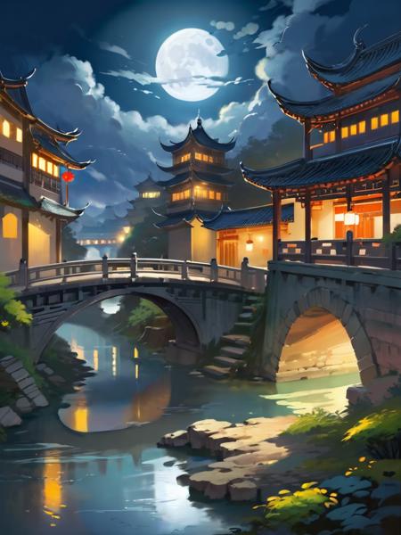 Mid-autumn, full moon, night view, plants, ancient buildings, bridge, Backlight, Creek, Clouds, Chinese architecture, brightly lit