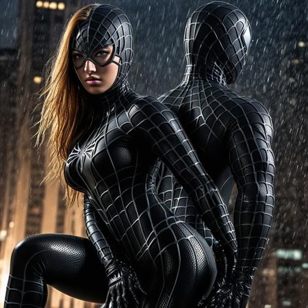 score_9, score_8_up, score_7_up, best quality, realistic, masterpiece, beautiful detail, hyperrealistic, ((1girl, woman body, big breasts)), amazing detailed full body portrait of a beautiful girl, wearing a realistic and highly detailed black raimi spider-man suit with mask, ((huge muscular girl)), professional model of korean girl wears ultra - detailed black raimi spider - man suit, ultra - detailed and grained black raimi spiderman suit, suit covered entire body and hand, black spiderman gloves, wet, (strong pose), (full body), (dirty skin), close up, octane render, highly detailed, volumetric, dramatic lighting, (highest quality:1.1), (HDR:1.3), (top quality, best quality), realistic, high definition,