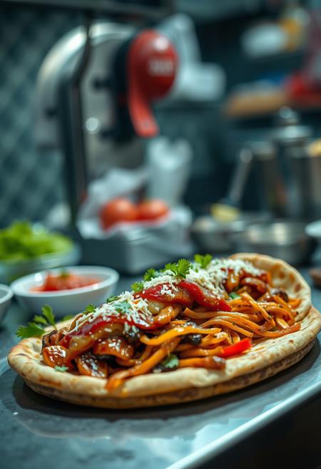 photo of shawarma on kitchen counter, heavy focus on the dish, above shot, cinematic shot, high quality shot, original, flux-style