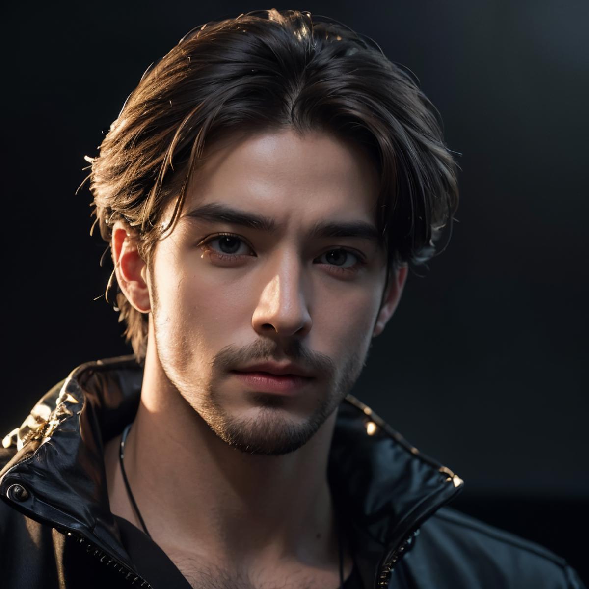 Best quality, masterpiece, ultra high res, (photorealistic:1.4), (male:1.2), (facial hair:0.6), dramatic lighting, in the ...