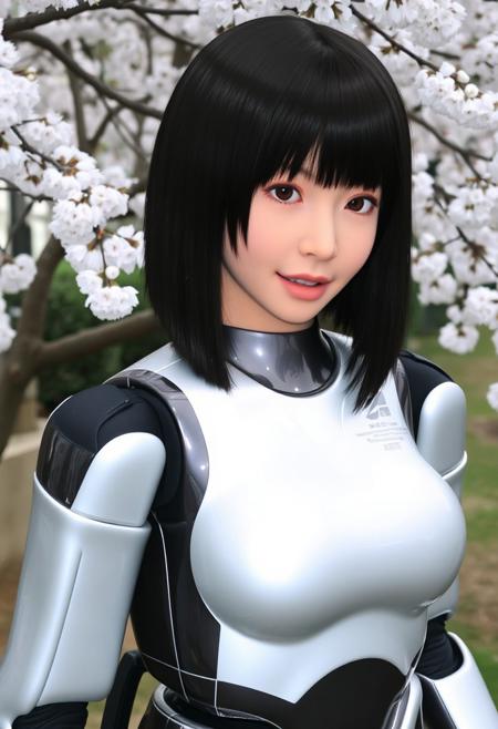 dynamic realistic photography,ultra sharp image,,super model,idol chinese 20 years old cute hot girl hrp4c robot ,big sister,black short hair,full body pose,narrow waist and large spherical breast, HRP 4C Robot Android woman, Japanese young woman human head, robot body, breast, human artificial skin, long black shoulder length bob hair, black coller neck, white silver and black colored body, cute face, the face of a young Japanese woman, big eyes, lips like a young woman, robotic arms, robotic leges, slender waist, sakura tree, graden, close shot , sports ,no hat, legapart ,4k,8k, hrp4c_robot,       <lora:hrp4c_robot_v4.1:1>
