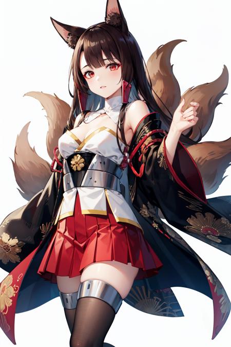 <lora:akagi:1>akagi(azur lane), animal ear fluff, 1girl, red skirt, japanese clothes, brown hair, animal ears, white background, multiple tails, long hair, brown tail, fox tail, thighhighs, black kimono, kyuubi, kitsune, skirt, solo, red eyes, fox girl, looking at viewer, tail, fox ears, open kimono, pleated skirt, open clothes, kimono