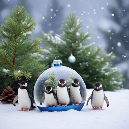 little penguins around a Christmas ball, snowy ground, very snowy fir tree background