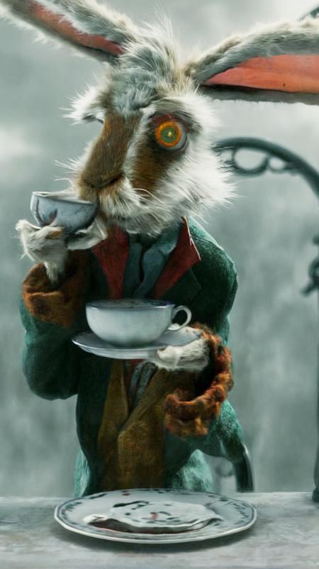 marsh hare posing on a balcony drinking tea