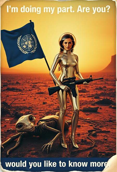 a torn and tatty recruitment photograph for the space navy. a photograph of  beautiful woman in a mirrored skin-tight jumpsuit and glass goldfish helmet is cradle carrying a high-tech rifle . The UN flag waves behind her over a desolate burnt wasteland. a dead e.t. lies at her feet, she has one foot on the body. The text at the top reads "I'm doing my part. Are you?". At the bottom it reads "would you like to know more?"