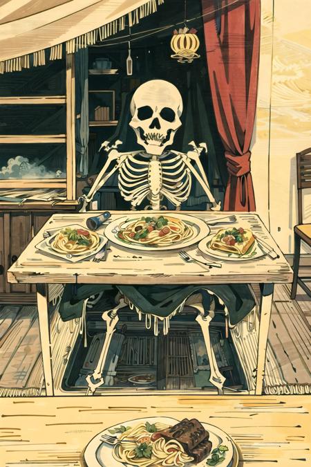 horror (theme), plate, table, food, window, chair, bone, traditional media, sitting, indoors, solo, spaghetti, skeleton, curtains, fork, pasta, surreal, long sleeves, shirt, monster