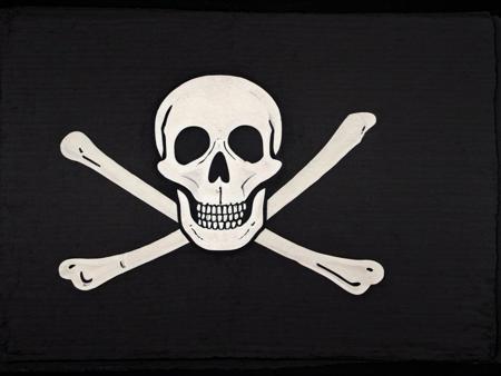 a skull and crossbones, a death's head over crossed bones, black field background, jolly roger