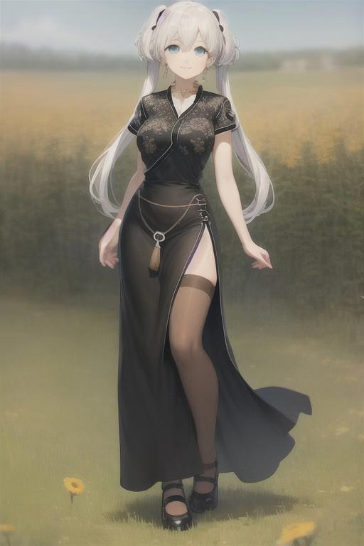 masterpiece, best quality, solo, white hair, twintails, long hair, black ribbons, blue eyes, neck ring, black dress, short sleeves, long dress, belt, side slit, brown thighhighs, mary janes, smile, hand on own chest, village, spring, full body, farm, hayfields,