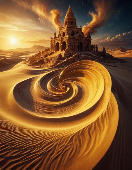 Golden hour, nebula, stardust, sandswirl, ancient ruins emerging from sand, forgotten city  <lora:SandSwirlLoRa:0.8>