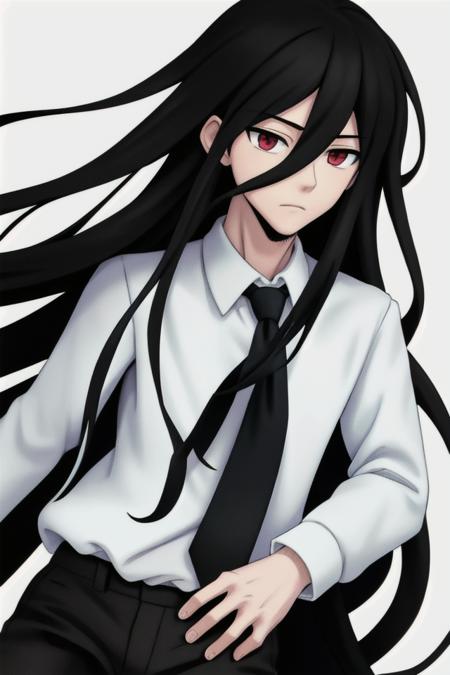 Izuru black hair, very long hair, red eyes black jacket, necktie, white shirt, black pants frown, bored