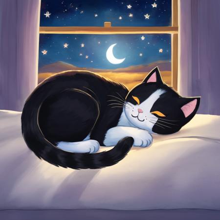 Sleepy Cat, Clear Night, Bedroom Landscape, Bedtime, Relaxing Mood, KidsRedmAF, <lora:StorybookUnboundRedmond-KidsRedmAF:1>