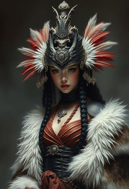 Chinese female warrior princess, Alexander McQueen fashion costume, fur, feathers, metal, leather, damask fabric, top soft light, dark environment, highly detailed, melancholic, Oil painting 
in the Style of Gerald Brom, soft light, hyper clean stroke, (Oil painting style)))