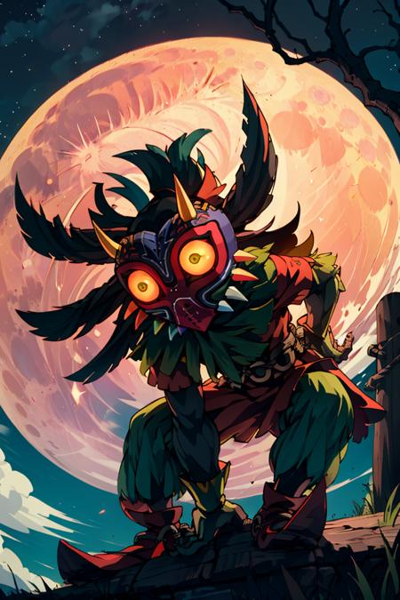 ((masterpiece,best quality)), absurdres, 
<lora:Majora_Zelda:0.8>, Majora_Zelda, solo, 1boy, mask, horns, glowing eyes,
looking at viewer, male focus, outdoors, sky, tree, no humans, night, moon, night sky, full moon