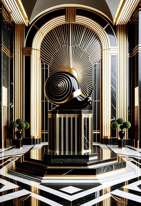 A majestic Art Deco interior featuring a monumental marble sculpture of a snail on a black marble pedestal. The snail is intricately detailed with sharp, clean golden lines forming a dense geometric grid on its body and bold concentric arcs on the shell. The background wall features a dramatic sunburst pattern in gold over dark blue marble, evoking the grandeur of a 1930s train station lobby. The atmosphere radiates opulent futurism, blending natural elegance with mechanical symbolism. Strong contrast between cold grayish marble and luminous gilded accents, perfect symmetry and theatrical lighting, The background is cool-toned gray marble, with radiant sunburst lines behind the figure. Every surface shimmers with polished metal and black stone, exuding futuristic optimism as envisioned in the opulent age of the Roaring 20s. The darkest blacks contrast with the most brilliant gold, surrounded by geometric architecture, mechanical motifs, and heroic grandeur. Elegant lighting enhances the drama. Inspired by heroic propaganda murals and luxurious train stations.