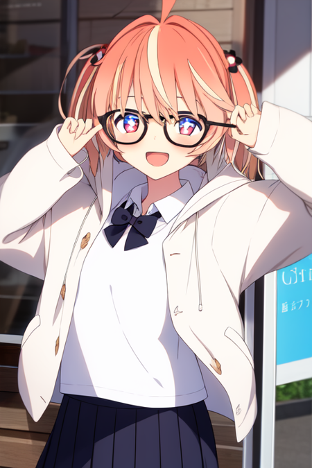 rinne, shirt, glasses, white shirt, hood, :d, jacket, skirt, open mouth, collared shirt