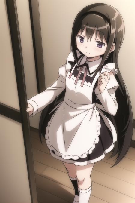 akemi_homura, maid, skirt, socks, white_apron , white shirt, white sleeves ,