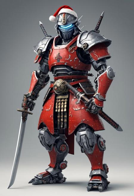 Mecha Santa samurai. Giant robot, santa hat, samurai armor, weapon  sword, katana,