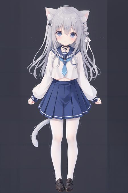 <lora:super-qianhuili-v1:1>,<lora:GoodHands-beta2:1> nice hands, perfect hands
qianhuili, 1girl, solo, tail, animal ears, pantyhose, skirt, shirt, cat tail, cat ears, brown footwear, long sleeves, long hair, blush, cat girl, tail ornament, pleated skirt, white background, white pantyhose, blue skirt, shoes, bow, animal ear fluff, loafers, hair between eyes, sleeves past wrists, simple background, bangs, closed mouth, white shirt, school uniform, hair bow, full body, necktie, standing, grey hair, serafuku, very long hair, sailor collar, looking at viewer, ribbon, hair ornament, white bow, white sailor collar, hand up, tail bow, blue necktie, blue eyes