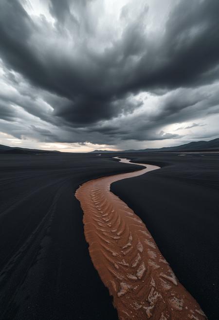 render of a black sand desert with a large brown river running through it, a dark grey stormy sky in the background, a low camera angle, and high contrast, dramatic clouds