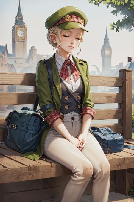 (masterpiece, best quality:1.2), <lora:gaa_lestrade-10:0.7>, solo, 1girl, gina lestrade, sitting in a bench, sleeping, short hair, braid, closed eyes, green headwear, green coat, shoulder bag, London, cobblestone road