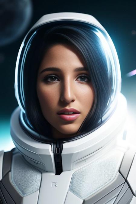 Best quality, (spaceship interior), portrait photo of beautiful Koh_AbellaDanger wearing cyan spacesuit, sci-fi, slight smile, perfect face, (extremely detailed CG unity 8k wallpaper), photo of the most beautiful artwork in the world, trending on ArtStation, trending on CGSociety, Intricate, High Detail, Sharp focus, looking at viewer, (detailed pupils), cinematic lighting, volumetric lighting, subsurface scattering, backlight, chromatic abberation, bloom, 8k, 4k, depth of field, masterpiece, behance hd, deviantart hd, artstation hd, wind, clean, particles, movie, space background, dream, space, stars, galaxy, planets