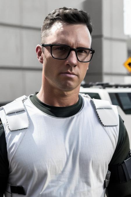 a man <lora:jeffreyDonovan:1> ready for action, ((bullet proof vest)) over a white tee shirt, undercover fbi agent, glasses, upper body, close up, RAW, 8K, UHD, highly detailed face