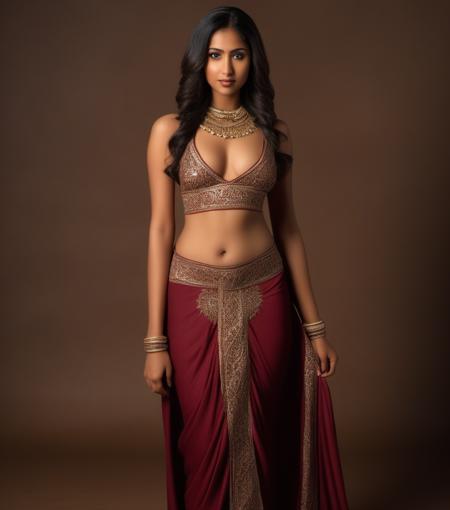 glamour photo of a beautiful 25_year old desimocha womaN, IN A HAREM DRESS, SLAVE GIRL, full body, large breasts, thin waist posing, studio quality, subsurface scattering, canon 5D, realistic skin texture, skindentation, without makeup