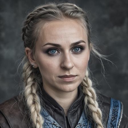 a scary viking warrior woman with dark makeup with hair in braids, three quarter view, in the style of dark silver and dark gray, scandinavian, leather/hide, strong facial expression, dark gray and blue, war photography, exaggerated facial features ar 75:128 v 5.2
