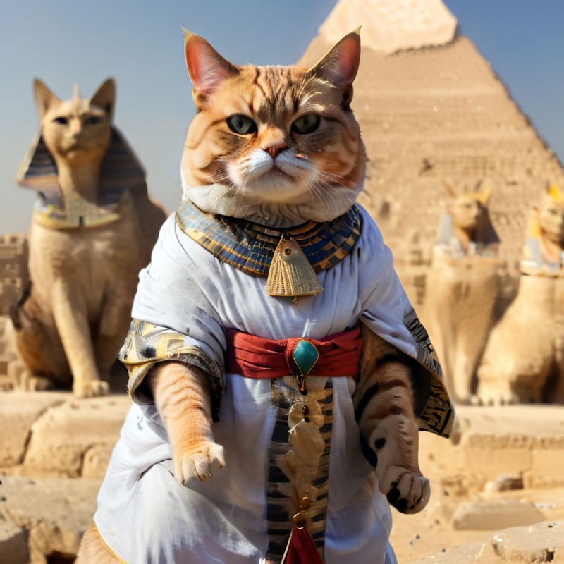 A cat dressed as a Pharaoh, with other cats and an Egyptian pyramid in the background.