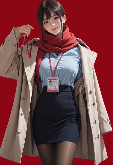 ruanyi0904,black skirt,blue shirt,coat,red scarf,red lanyard,ID card,black pantyhose