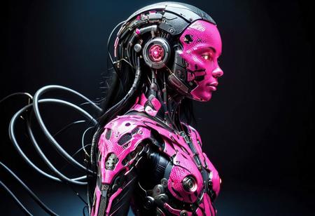 lazypos, cf_style, 
cyb0rg, science fiction, cable, mechanical parts,
A android stands in a cute pose, her long black hair cascading down her back like a waterfall of night. Vibrant pink and carbon fiber cover her entire body, intricate details and cables tracing the bio-mechanical contours. Her LED eyes gleam with a seductive intensity as she relaxes into the shadows, completely encased in her mechanical shell.