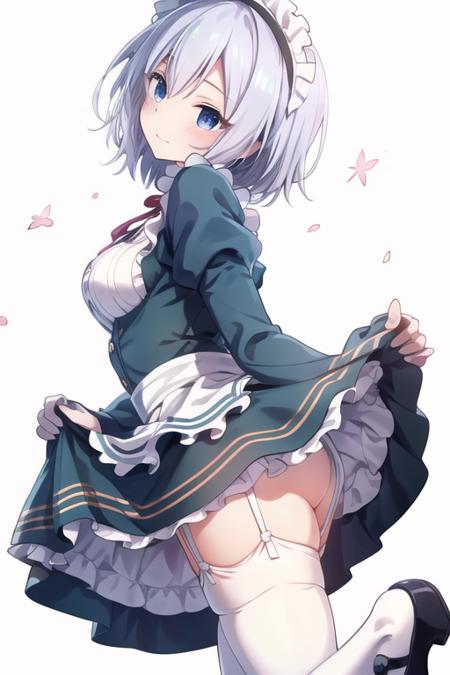 masterpiece, best quality,1girl, solo,himeji shirayuki,whtie hair,medium hair,blue eyes,long sleeves,juliet sleeves,apron,mary janes,maid,maid headdress,puffy sleeves,green dress,vest,buttons,garter straps, white thighhighs,<lora:himeji:0.8>,white background, simple background, ,from side,ass
